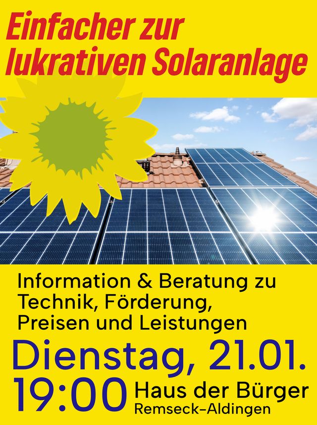 Einfacher zur lukrativen privaten Solaranlage - Infoabend mit Vortrag und Gespräch im Haus der Bürger